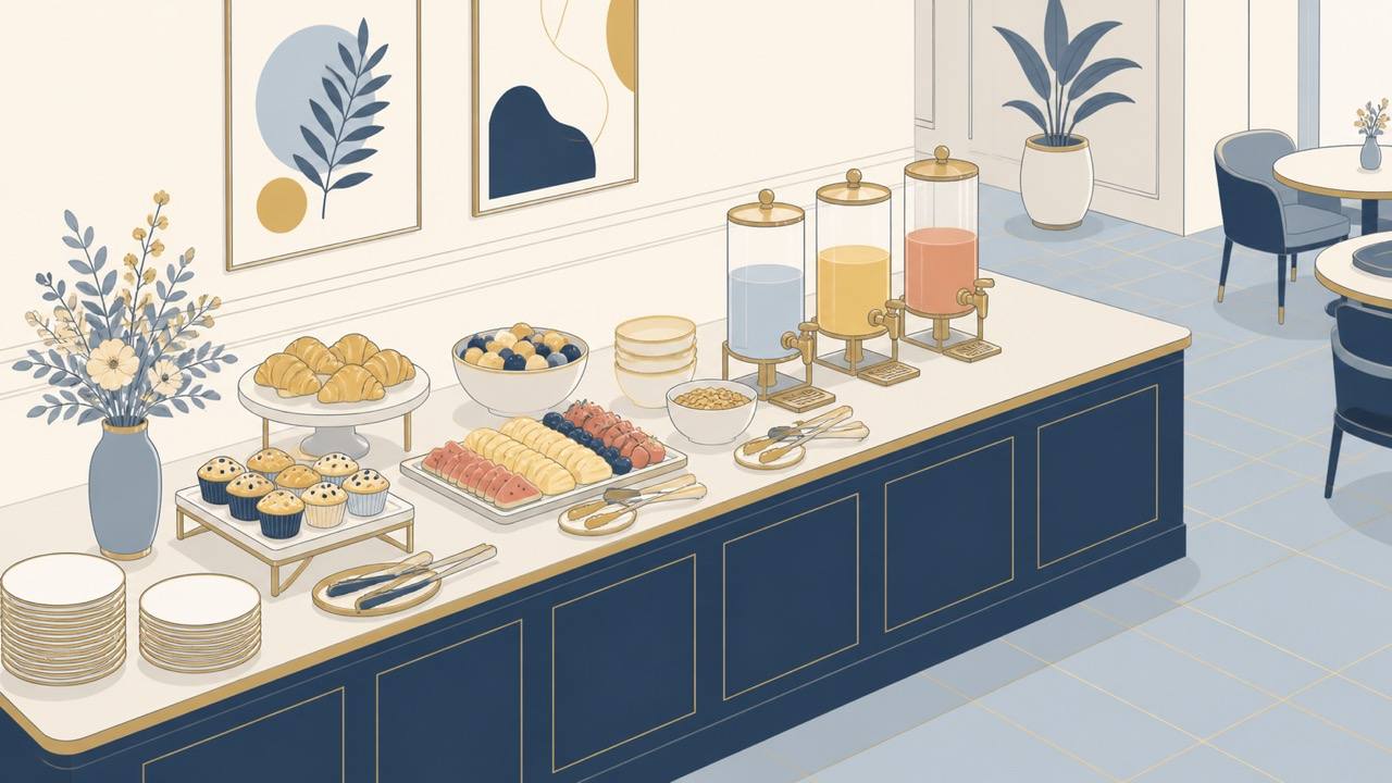 ホテルの朝食ビュッフェ。品数はたいていレストランのほうが多い